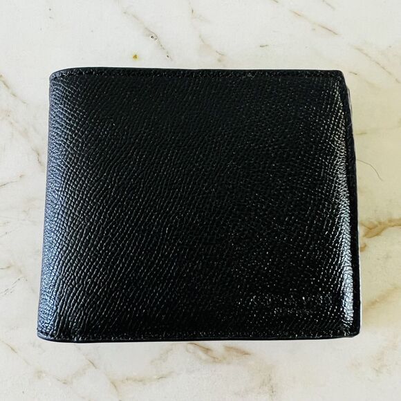 COACH Compact ID Cross Black Crossgrain Leather Bi-Fold Wallet - Picture 1 of 8